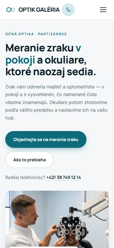 OPTIK GALÉRIA Partizánske — webstránka pre optiku, ukážka — mobilné zobrazenie