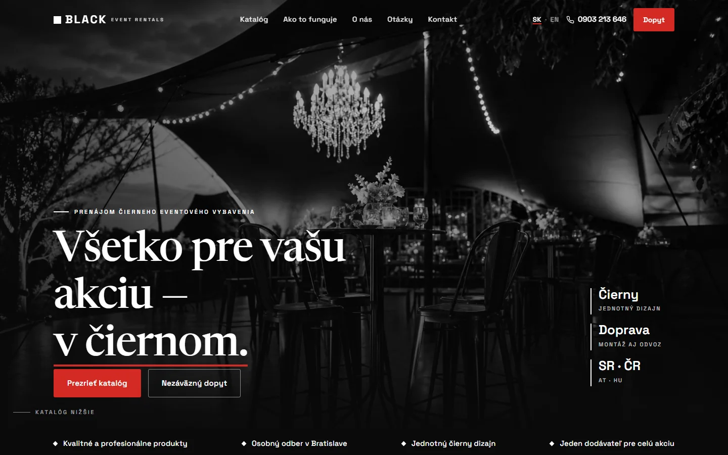 Black Event Rentals — webstránka pre požičovňu párty stanov, ukážka