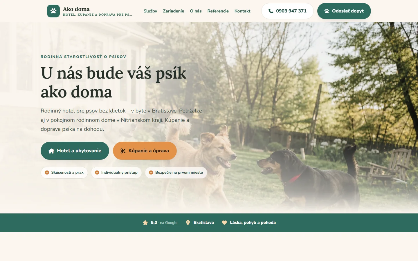 Ako doma — Hotel pre psov — ukážka webstránky pre psí hotel