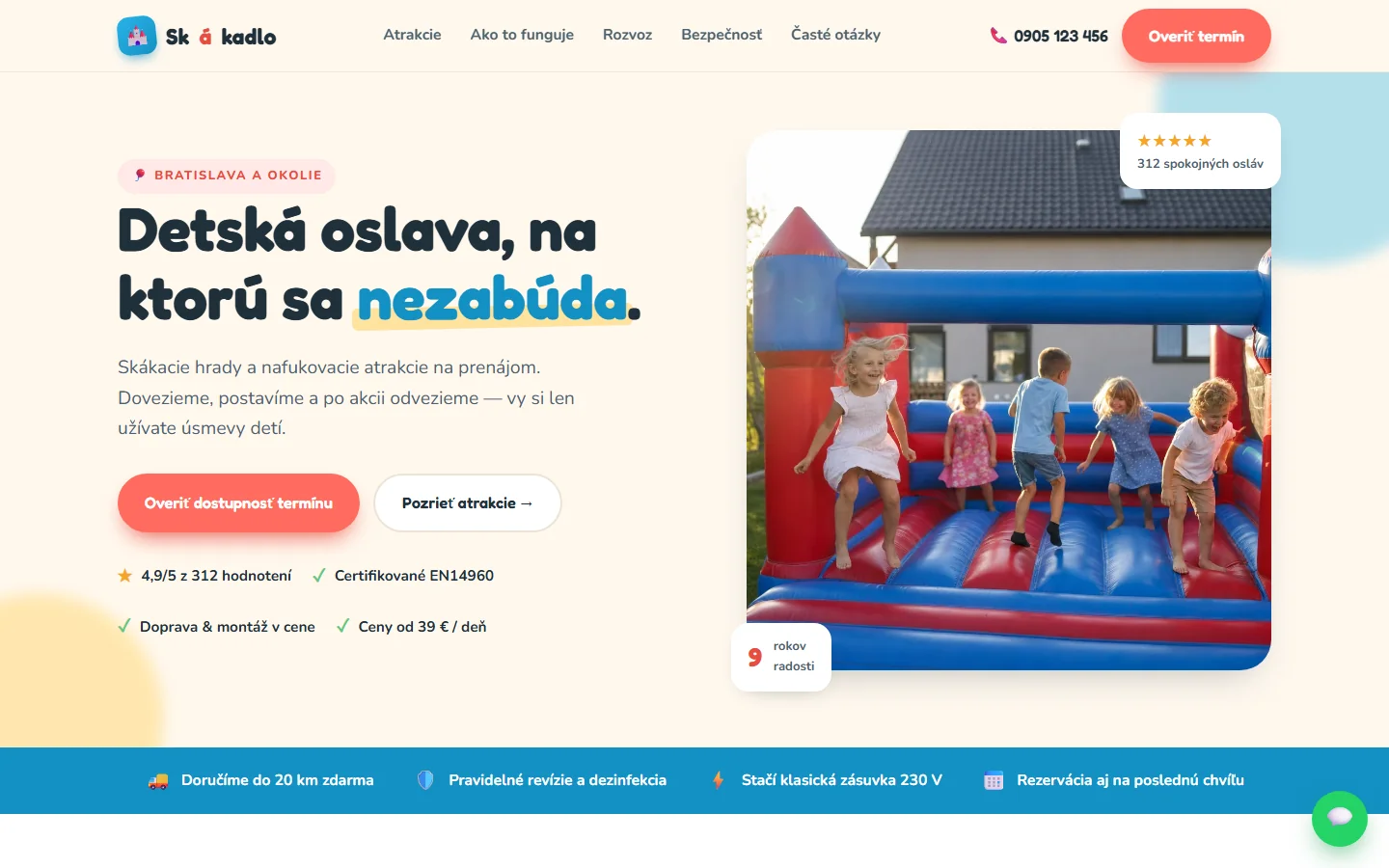 Skákadlo — webstránka pre požičovňu skákacích hradov, ukážka